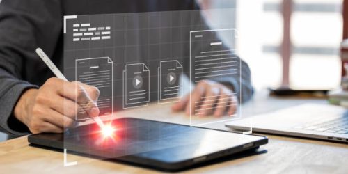 social media online content, freelance worker, working online, content creator, woman using laptop, man reading blog online on computer